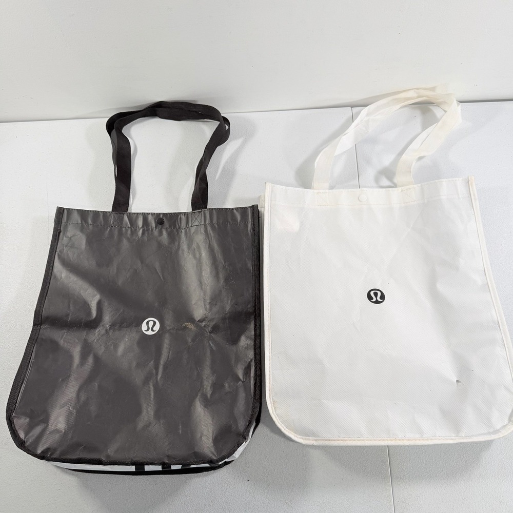 Lululemon Reusable Shopping Bags Foldable Plastic Black White 14" X 16" Lot of 2